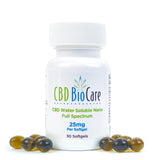 25mg CBD Softgels in a bottle with softgels displayed around it for wellness benefits.