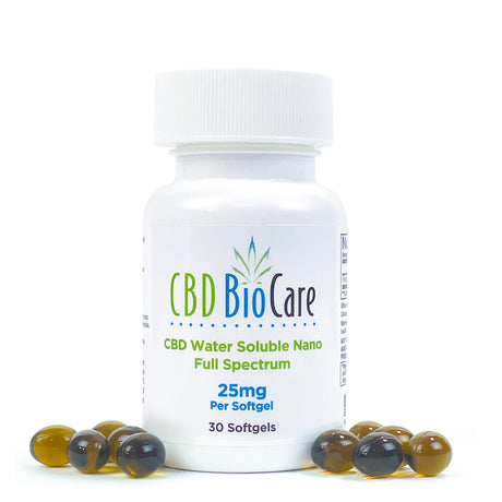 25mg CBD Softgels in a bottle with softgels displayed around it for wellness benefits.